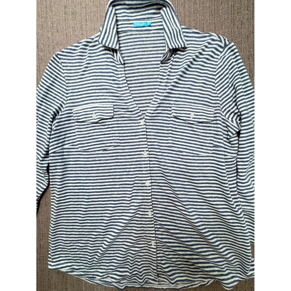 J.McLaughlin Womens Blue White Striped Knit Button Down Shirt Pocket Top L